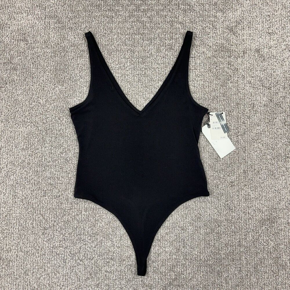 Leith Bodysuit Womens Medium Black Deep V Plunge Thong Stretchy Layering Basic